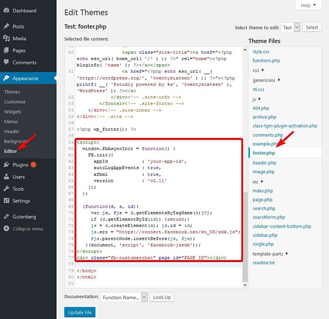 Nhúng đoạn code live chat Facebook vào WordPress